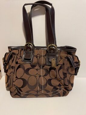 Coach Brown Signature Canvas Logo Tote with Dark Brown Leather Trim